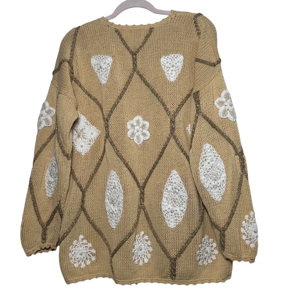 Vintage 90s Casual Corner Statement Knit Sweater Women L Embellished Pearls Gold - Picture 3 of 9
